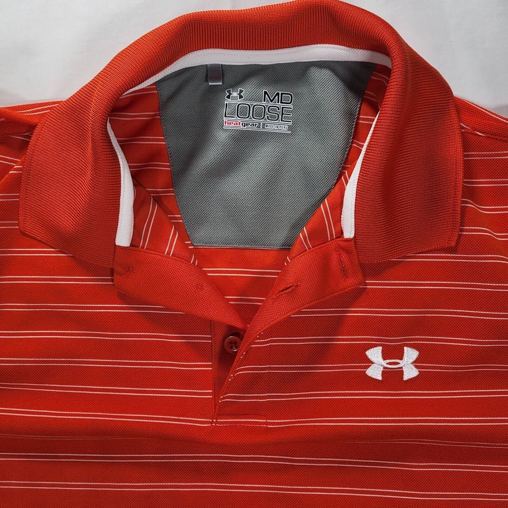 Under Armour Men's Medium Loose Heat Gear Orange Striped Short Sleeve Polo